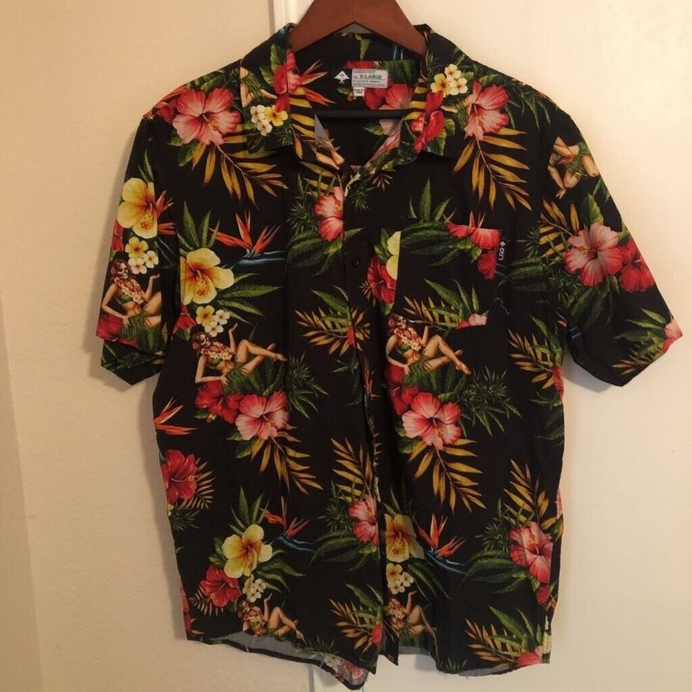 LRG Mens Hawaiian Shirt Black Red Floral Short Sleeve Zombie Hula Girls XL